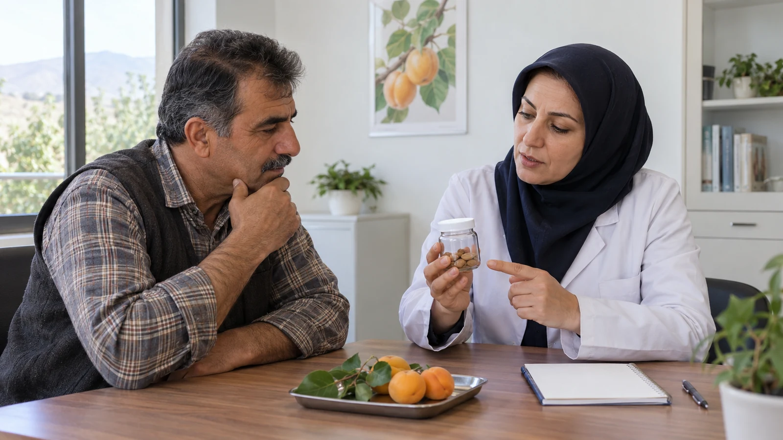 در میان گذاشتن اطلاعات مصرف مغز هسته با کارشناس سلامت باغدار با کارشناس سلامت دربارهٔ ظرف بستهٔ مغز هسته و اطلاعات محصول گفتوگو میکند