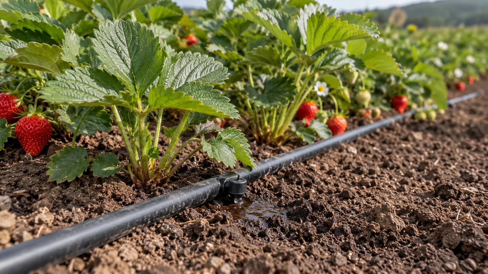 لولهٔ آبیاری قطره‌ای کنار ردیف توت‌فرنگی و خاک مرطوب اطراف بوته‌ها