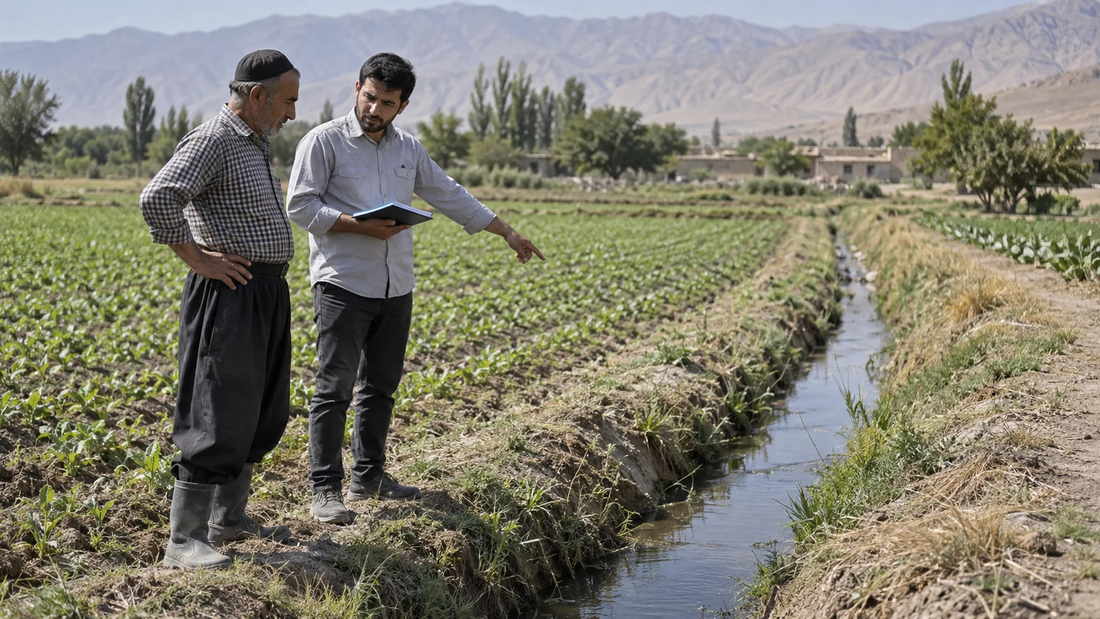 باغدار و کارشناس مسیر کانال موجود زهکشی و قطعهٔ کشت‌شده را بررسی می‌کنند
