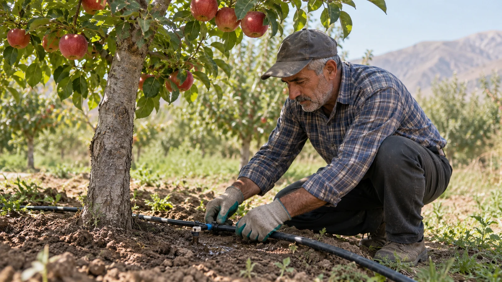 باغدار اتصال لولهٔ قطره‌ای و خاک مرطوب دور از تنهٔ درخت سیب را بررسی می‌کند