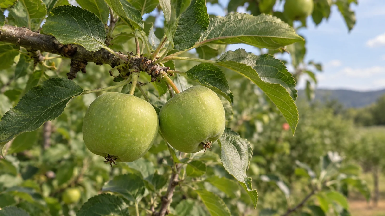 دو میوهٔ سبز در حال رشد روی شاخهٔ باردهٔ سیب