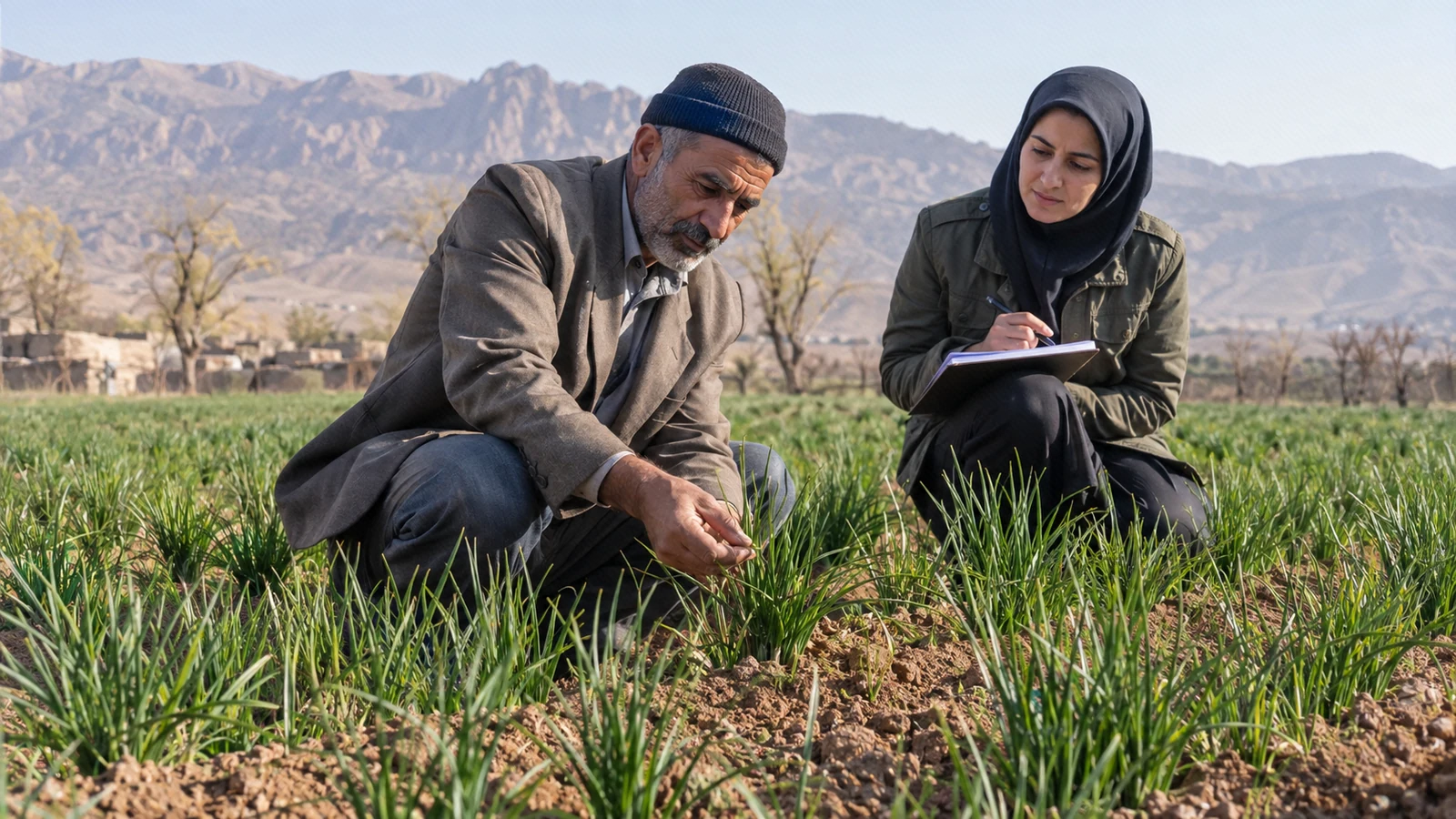 کشاورز و کارشناس برگ‌های باریک سبز زعفران را در مزرعهٔ بدون گل بررسی می‌کنند