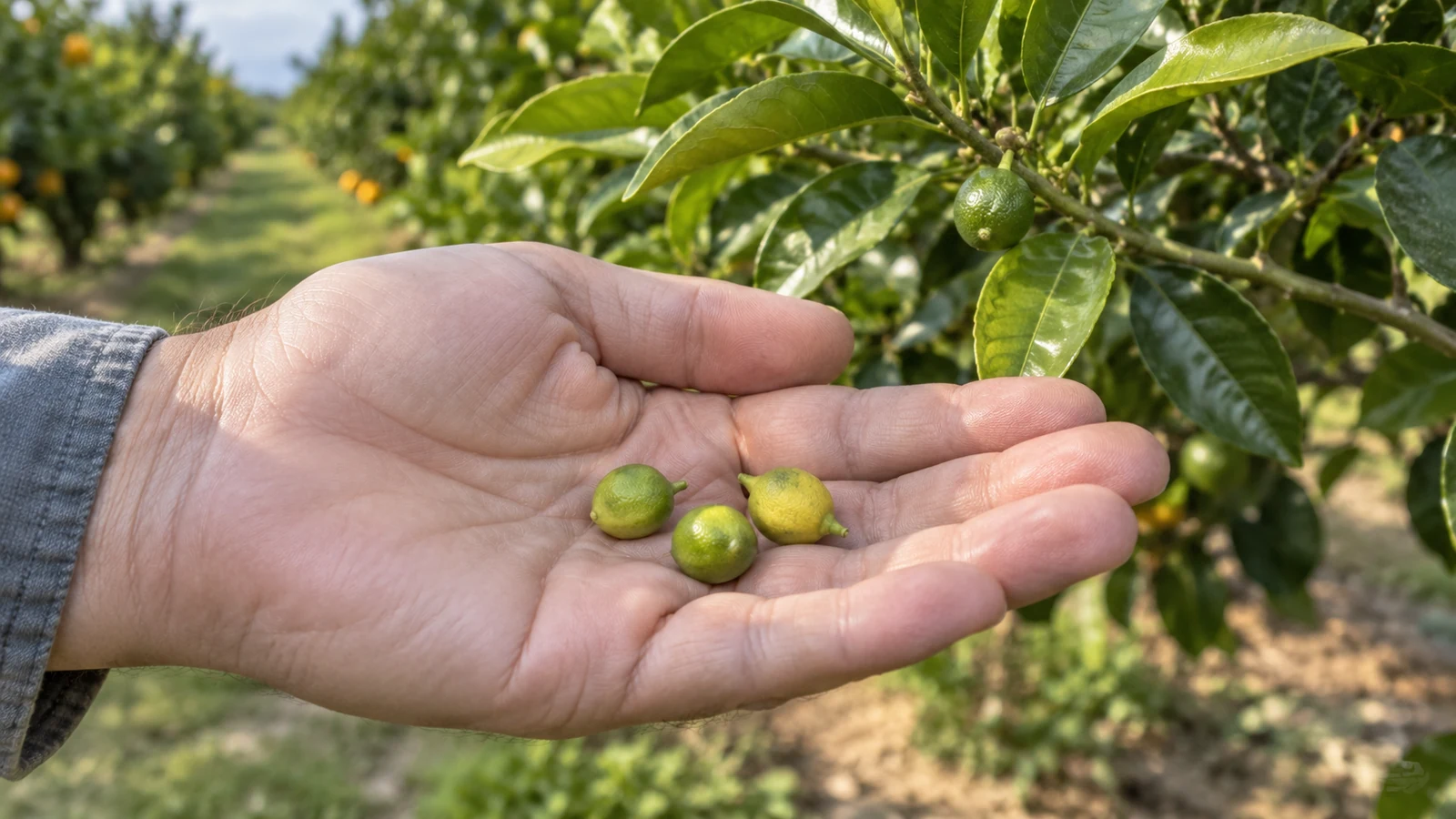 سه میوهٔ خیلی کوچک افتادهٔ مرکبات در کف دست برای بررسی مرحلهٔ ریزش