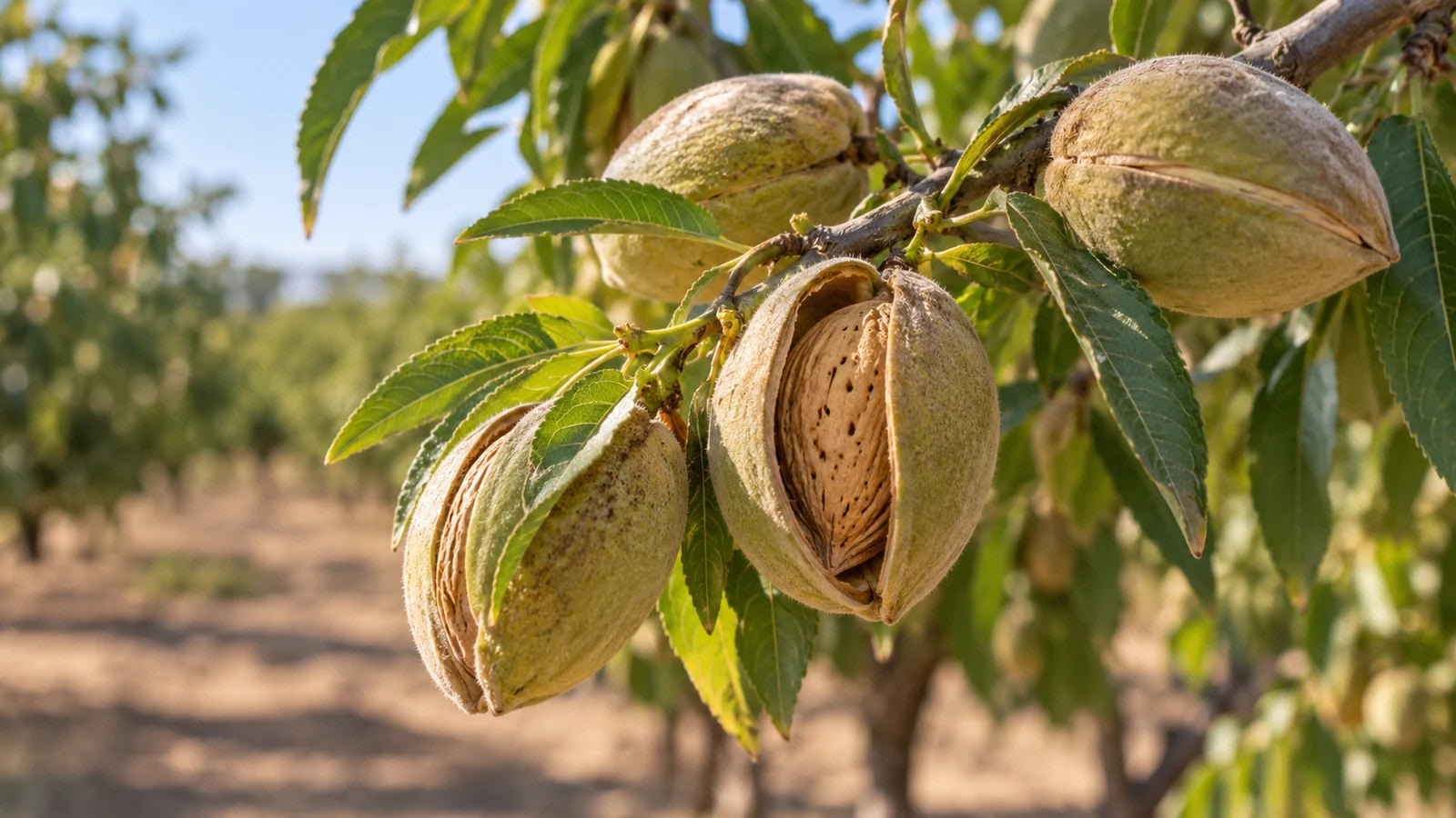 شکاف طبیعی پوست سبز بادام و نمای پوستهٔ سخت در مرحلهٔ رسیدن