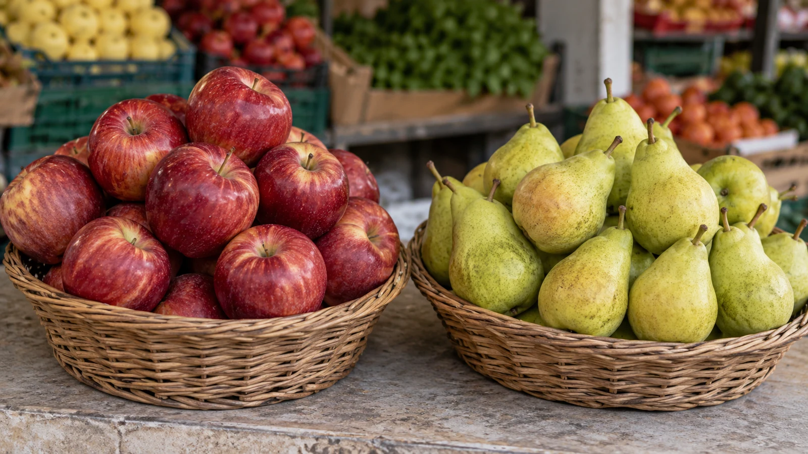 سیب و گلابی سالم در دو سبد جدا برای انتخاب هنگام خرید