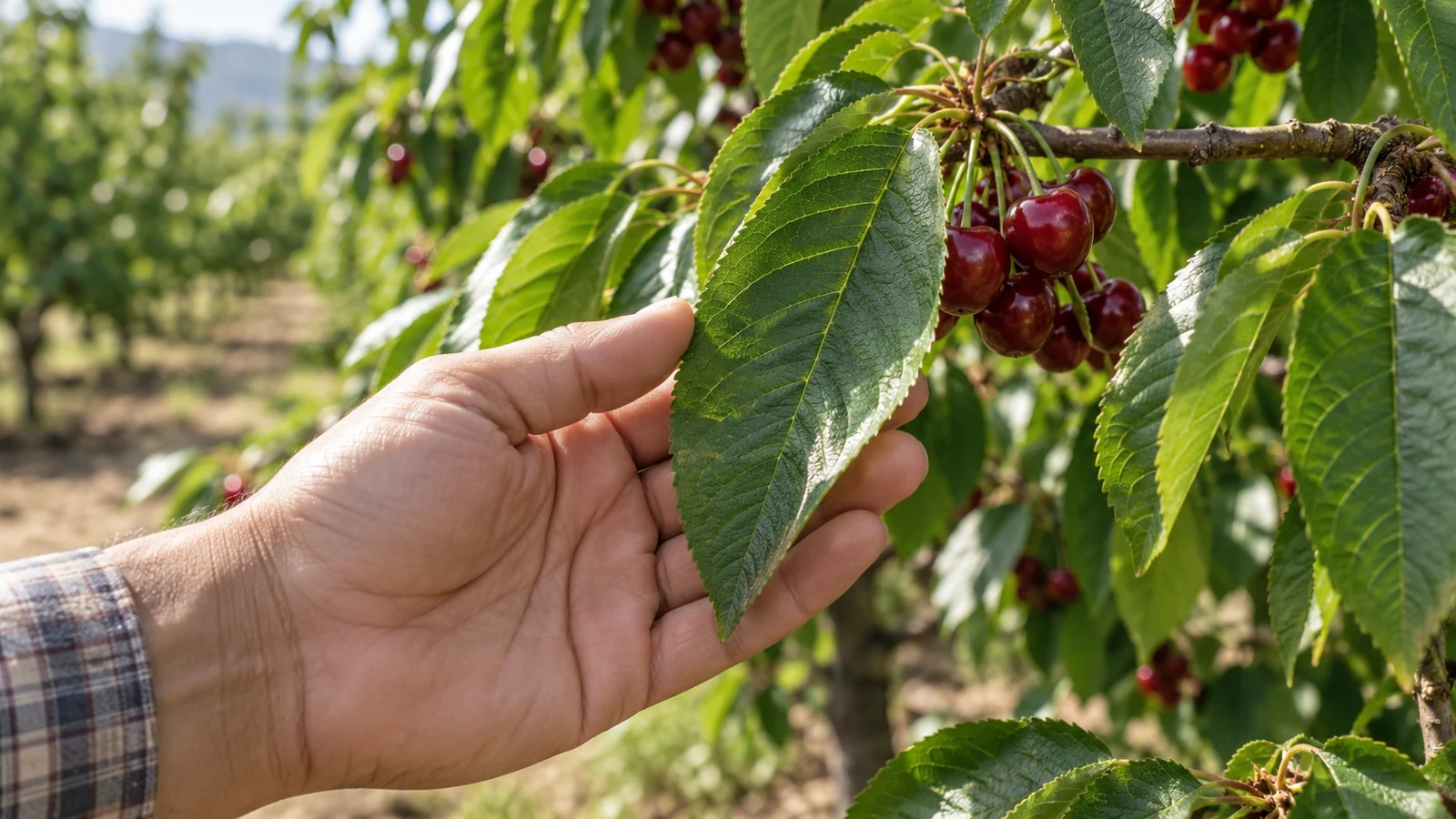 دست باغدار کنار برگ بالغ گیلاس روی شاخهٔ درخت