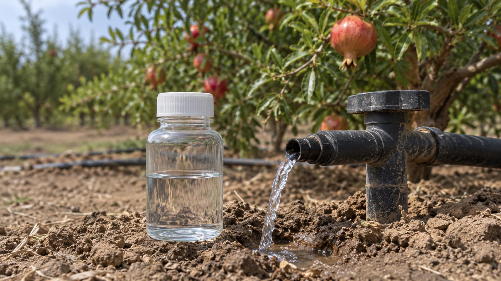 نمونهٔ آب آبیاری برای بررسی شوری ظرف تمیز نمونهٔ آب کنار خروجی آب باغ