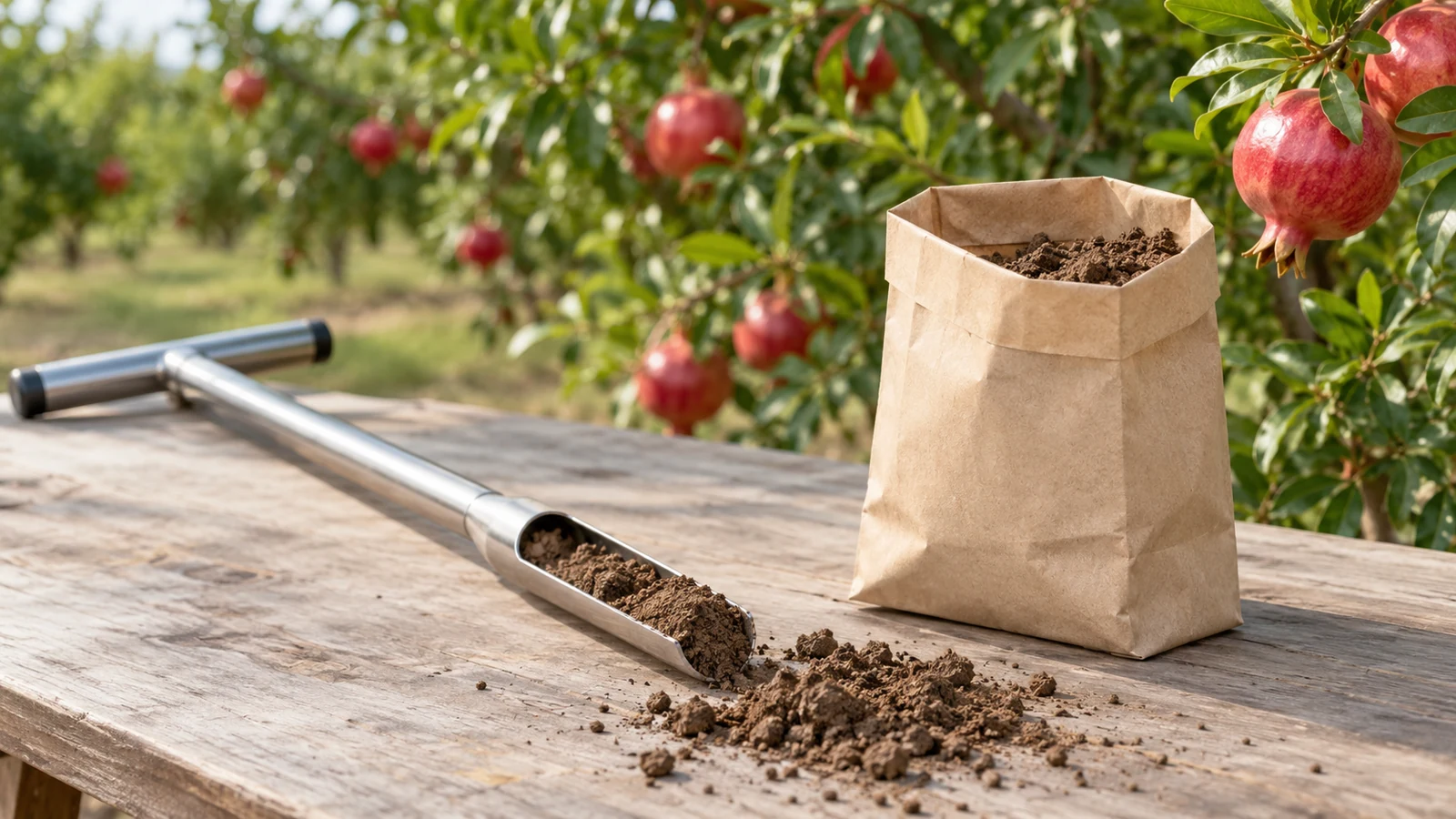 نمونهبرداری خاک باغ برای بررسی شوری ابزار نمونهبرداری و خاک باغ انار در کنار یک بستهٔ نمونه
