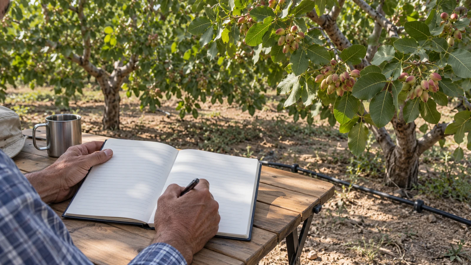 دفتر ساده و خودکار کنار خط آبیاری و درختان پسته برای ثبت نوبت‌های آبیاری قرار دارد