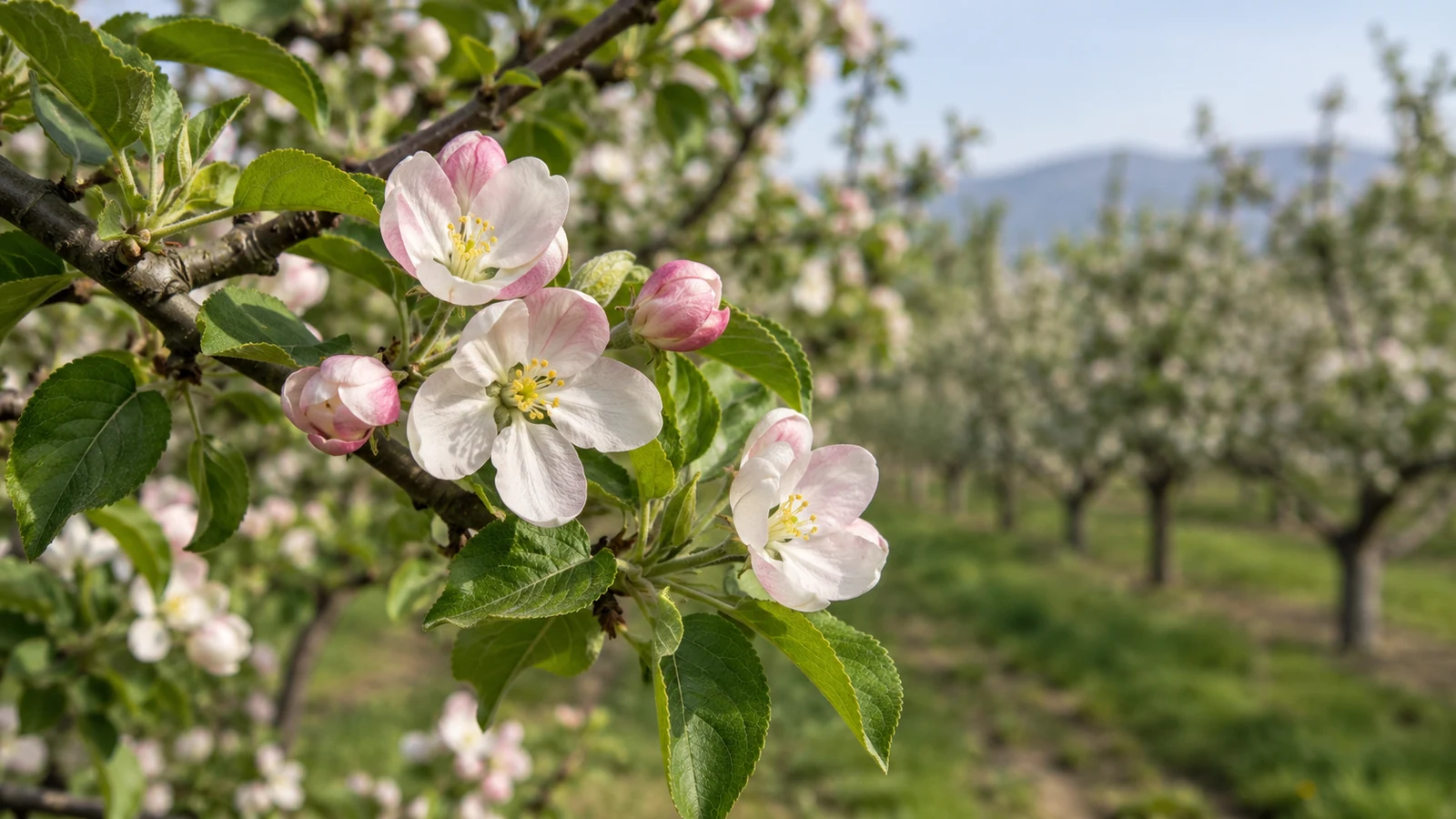 ثبت زمان شکوفهدهی در تقویم اختصاصی باغ شکوفهها و برگهای تازهٔ درخت سیب برای ثبت مرحلهٔ رشد در بهار
