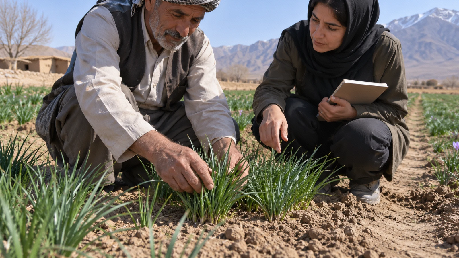 کشاورز و کارشناس برگ‌های سبز زعفران را در مزرعه بررسی می‌کنند