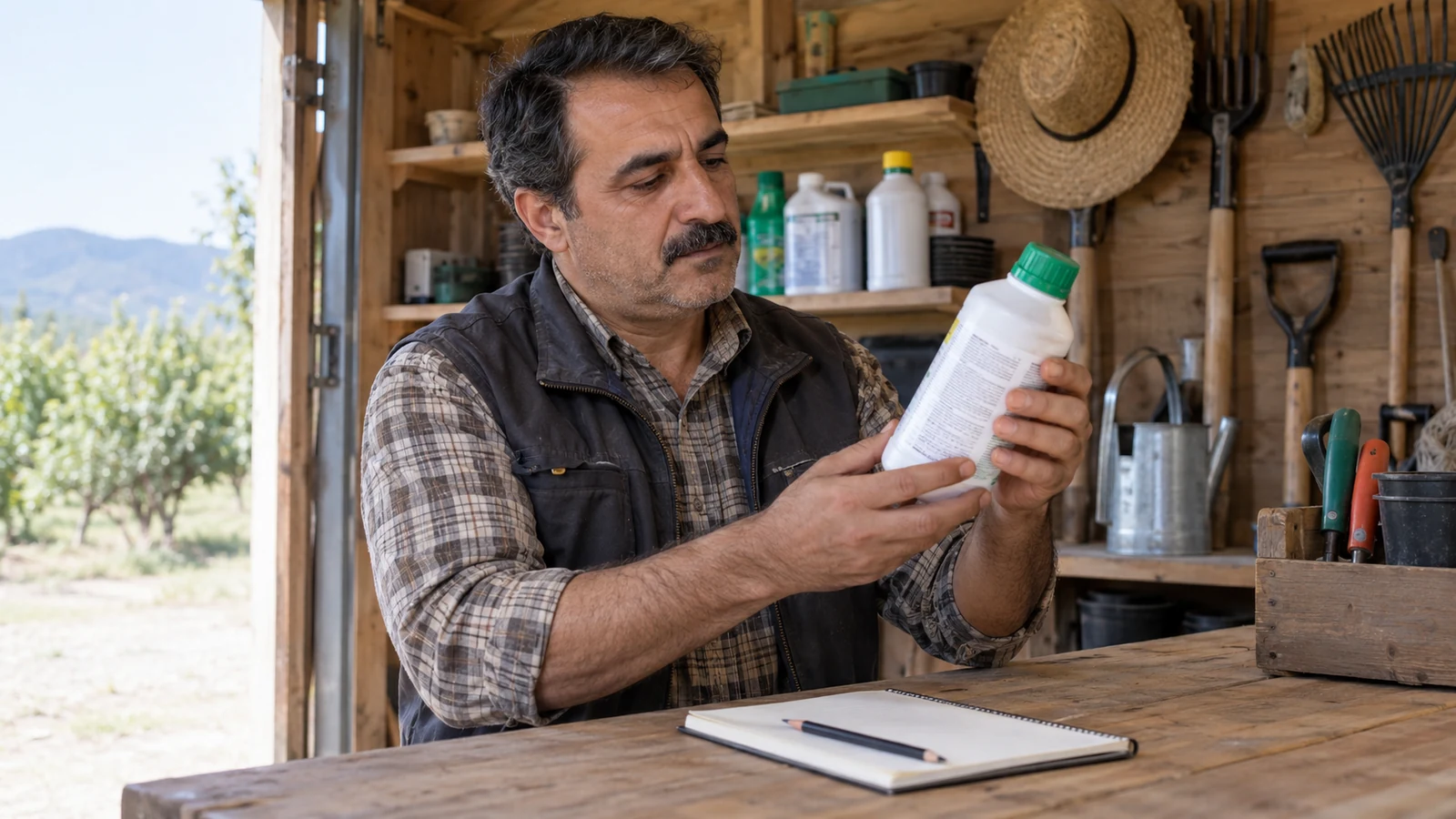 باغدار در حال بررسی بستهٔ بسته و برچسب محصول در فضای نگهداری ابزار باغ