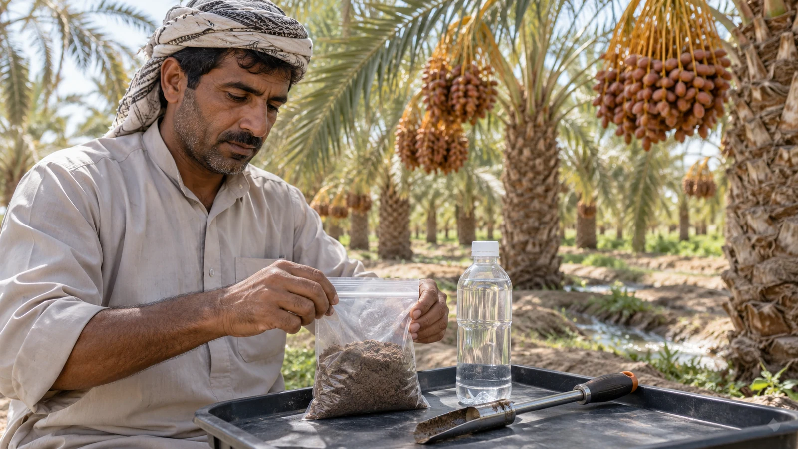 کیسهٔ نمونهٔ خاک و بطری دربستهٔ آب آبیاری کنار ابزار نمونه‌برداری در نخلستان