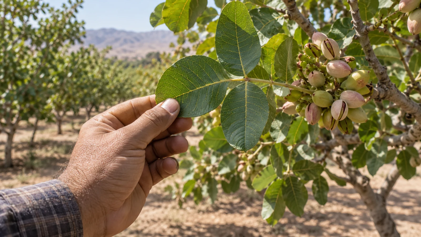 دست باغدار کنار برگچهٔ پسته برای بررسی سطح برگ