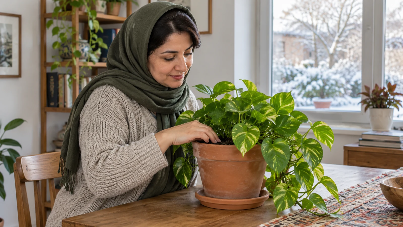 فردی خاک گلدان پتوس را در اتاق روشن و با فاصله از پنجره بررسی می‌کند
