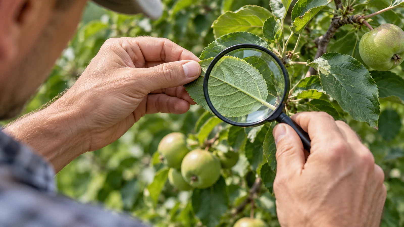باغدار پشت برگ سبز سیب را با ذره‌بین در باغ تابستانی بررسی می‌کند