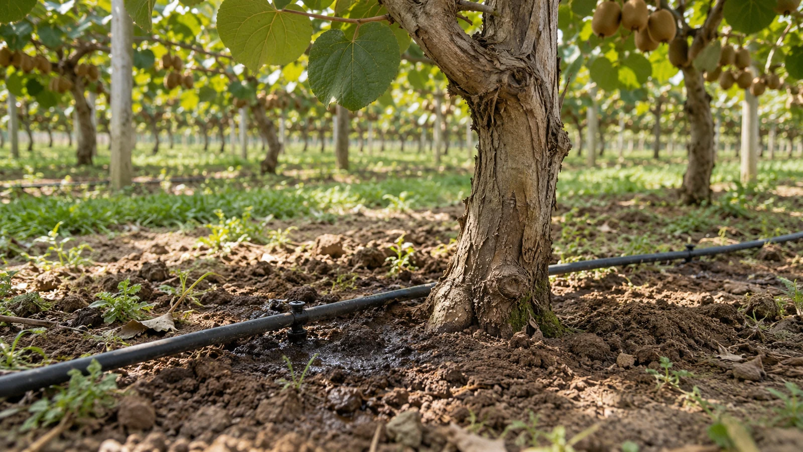 لوله و قطره‌چکان آبیاری کنار بوتهٔ کیوی، خاک مرطوب در محدودهٔ ریشه و محل اتصال تنه به خاک