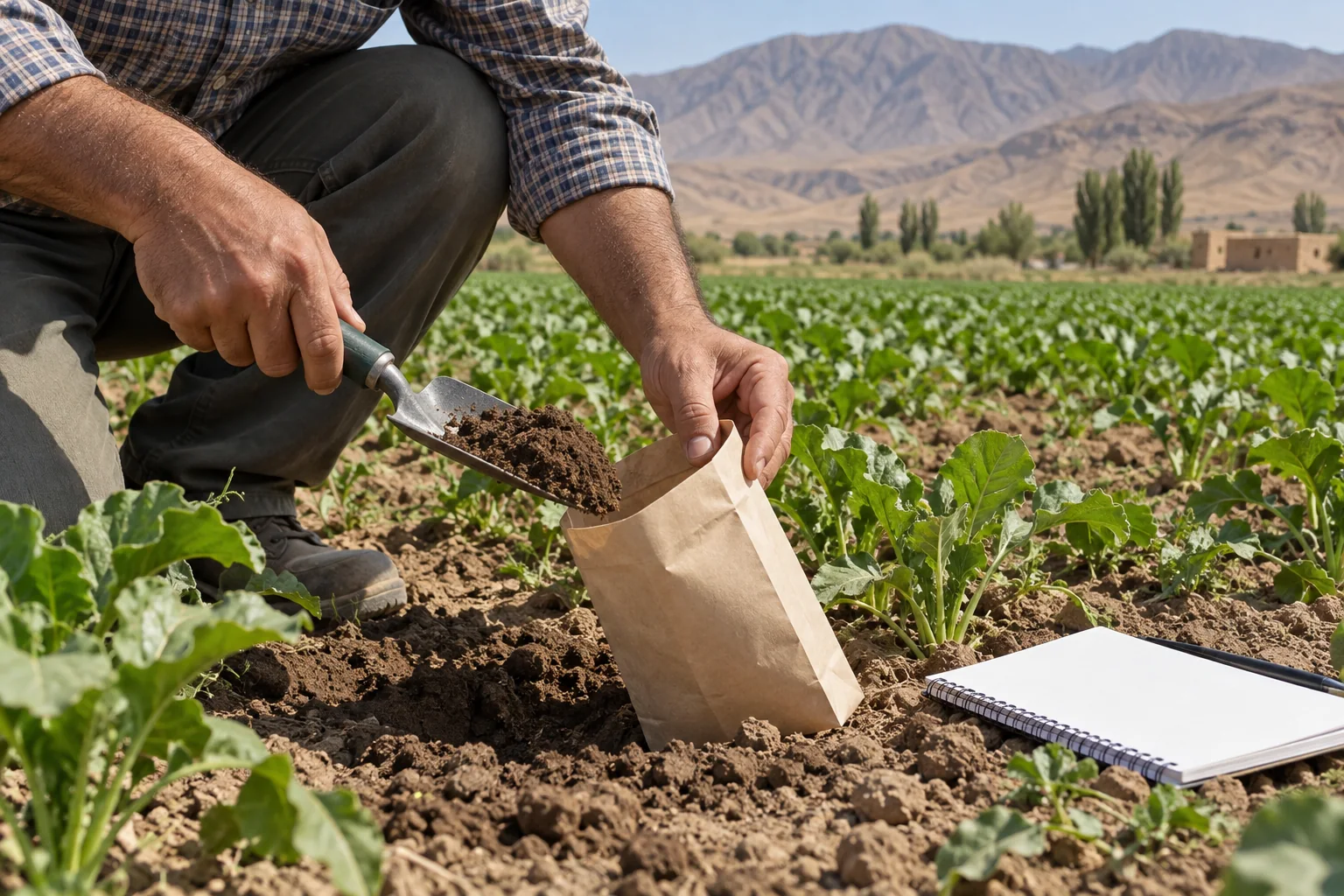 تصویر آموزشی نمونه‌برداری از خاک مزرعه با بیلچه پیش از تنظیم برنامه کوددهی
