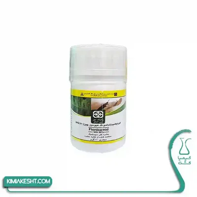 بسته سفید حشره‌کش Flonicamid WG 50% با تصویر آفت روی برگ