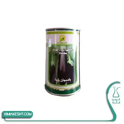 بذر بادمجان یلدا عنبری ۱۰۰ گرمی قوطی ANBARI Yalda با تصویر بادمجان بلند بنفش