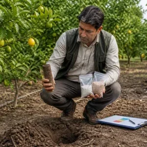 کارشناس در باغ لیمو در حال بررسی نمونه خاک و انتخاب کود بر اساس آزمون