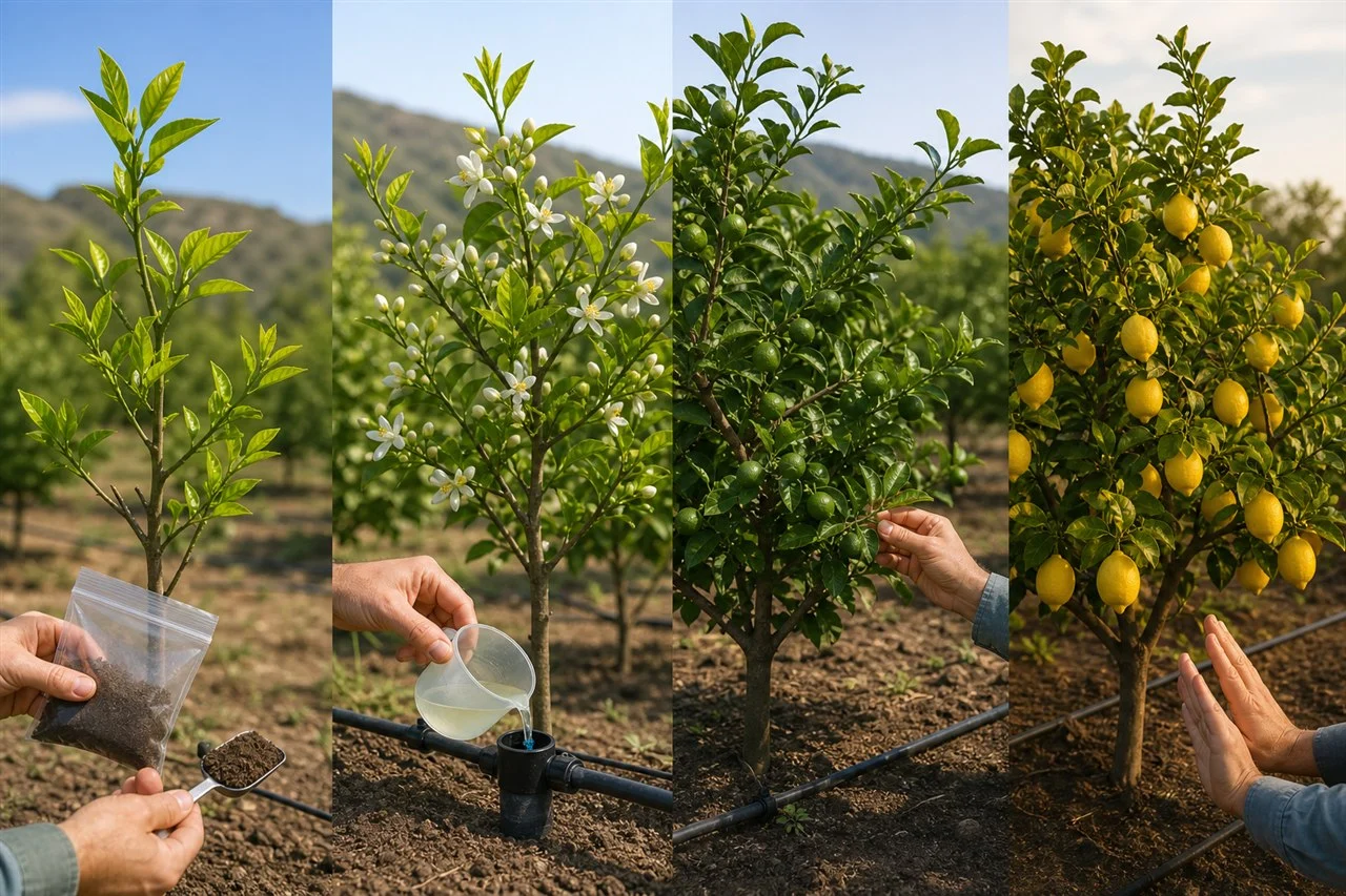 زمانبندی کوددهی در چرخه رشد درخت لیمو ترش مراحل رشد رویشی، گلدهی، تشکیل میوه و رسیدن لیمو برای تعیین زمان کوددهی