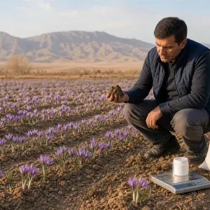 کارشناس در مزرعه زعفران با نمونه خاک و ترازو برای انتخاب کود 20 20 20
