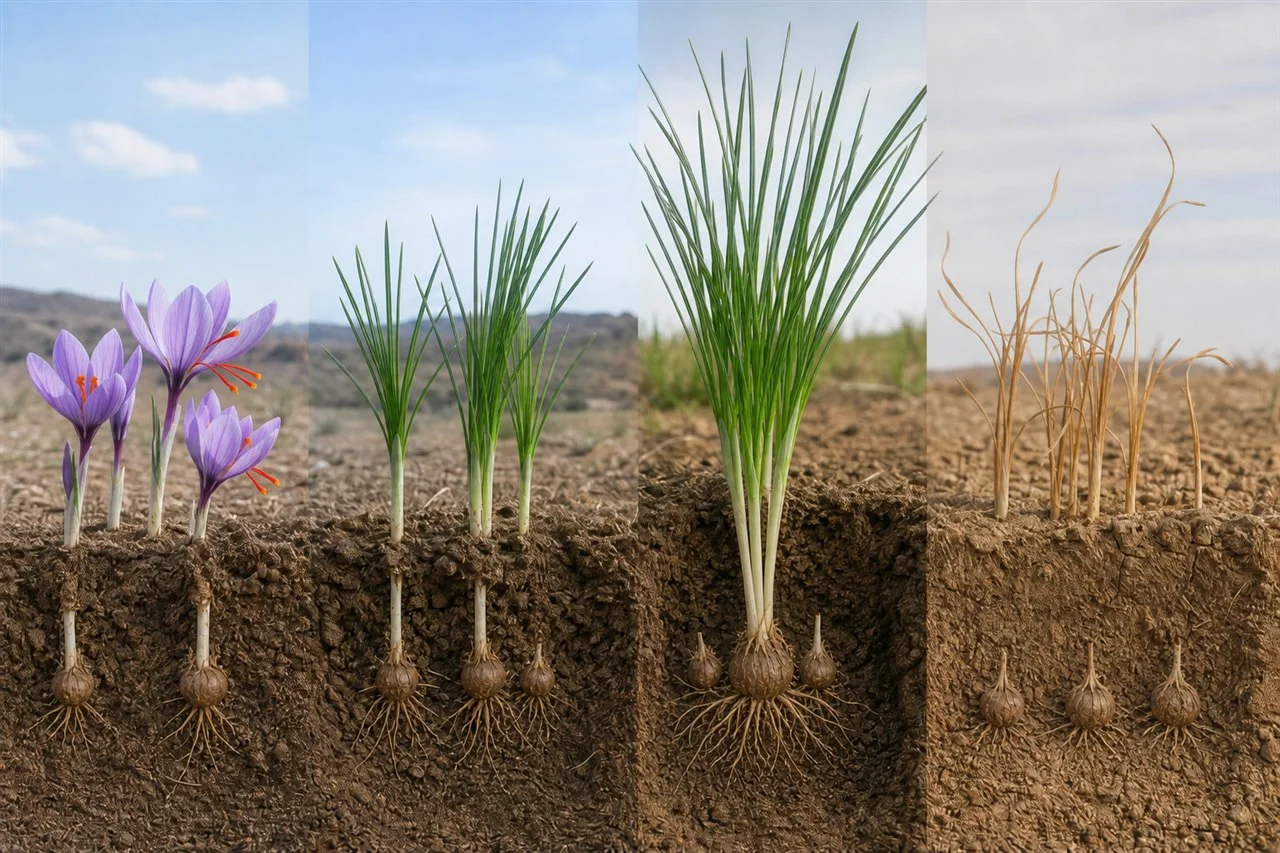 چرخه رشد زعفران و زمان تصمیم برای کوددهی چرخه رشد زعفران از گلدهی و برگ سبز تا تشکیل کورم دختر و خواب تابستانی